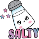 Salt shaker with a cute kawaii face and pink cheeks, surrounded by small stars, with the word SALTY written below in a col...