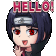 Anime character with dark hair and red eyes smiling and waving hello.