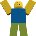 A blocky yellow character with a simple smile raising both arms in a celebratory gesture.