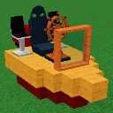 A small, blocky, yellow and red boat with a steering wheel and a seat.