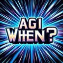 Text reading AGI WHEN? in bold 3D letters against a background of radiating blue and purple light beams.