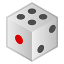 A white six-sided die with black pips and one red pip.