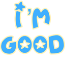 Text reading I'M GOOD in bright blue letters with yellow stars integrated into the design.