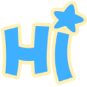 The word HI in blue letters with a small blue star next to it, all outlined in light yellow.