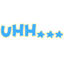 The text UHH in blue letters followed by three blue stars on a light yellow background.