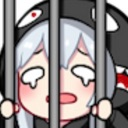Anime girl in a hoodie crying behind grey prison bars.