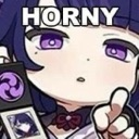 Raiden Shogun in chibi style pointing at the viewer with the word HORNY in bold text above her head.