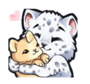 A spotted white animal hugging a small brown creature with a pink heart icon above them.