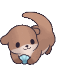 A cute brown otter wiggling happily while holding a blue seashell.