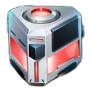 A metallic silver sci-fi loot box with glowing red panels and a red light on top.