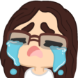 A person with brown hair and glasses crying with large blue tears streaming down their face.