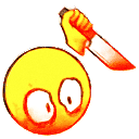 A yellow smiley face with wide, panicked eyes holding a kitchen knife in its hand.