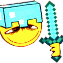 A yellow smiley face wearing a pixelated diamond helmet and holding a diamond sword with a smug expression.
