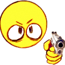 A yellow smiley face with wide, intense eyes holding a silver handgun pointed directly forward.
