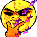 Thinking face emoji with intense anime-style shading and purple Japanese text floating around it.