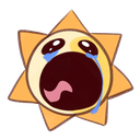 A yellow star-shaped character with a wide open mouth and blue tears streaming down its face.