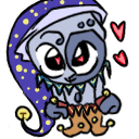 A stylized moon character wearing a starry nightcap with red hearts floating nearby and a shy expression.
