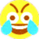 A yellow emoji face with angry furrowed brows, a wide grinning mouth, and blue tears streaming down its cheeks.