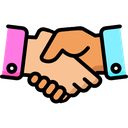 Two hands shaking in a stylized flat design with one pink sleeve and one blue sleeve.