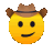 Four yellow smiley faces each wearing a brown cowboy hat arranged in a horizontal row.