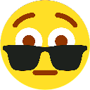 A yellow smiley face wearing black sunglasses with wide, surprised brown eyes.