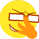 Smiley face with a smug expression pushing up a pair of glasses with an orange hand.