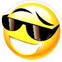 A yellow smiley face wearing black sunglasses with a wide, toothy, sparkling grin.