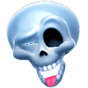 A stylized 3D blue skull with a wide, goofy grin and a pink tongue sticking out.