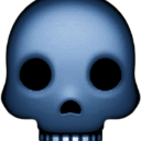 A stylized blue skull with hollow black eye sockets and a simple jawline against a black background.