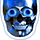 A skull with glowing blue eyes and a wide, toothy grin staring directly forward.