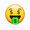 Yellow smiley face with dollar signs for eyes and a green dollar sign on its tongue.
