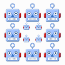 Multiple blue robot heads with red ears arranged in a repeating grid and scattered pattern.