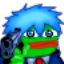 Pepe the frog with blue hair holding a gun with a wide-eyed, chaotic expression.
