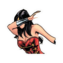 A comic book heroine with long black hair dabbing while wearing a red corset and silver arm guards.