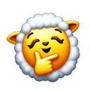 Sheep face with a gentle smile resting its chin on its hand in a thinking gesture.