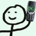 Stick figure holding a classic mobile phone to its ear with a screen showing a matching stick figure icon.