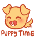A cute yellow puppy face with closed eyes and a red pacifier in its mouth.