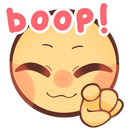 A stylized character with a happy expression reaching out with a finger to boop the viewer with the text boop above them.