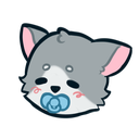 A small gray kitten face with pink ears and a blue pacifier in its mouth.
