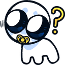 A small white creature with large dark eyes and a gold pacifier looks confused with a yellow question mark floating nearby.