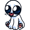 A small white creature with large dark eyes and a pink pacifier sitting down.