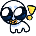 A stylized white baby character with large eyes and a pacifier looks surprised next to a yellow exclamation point.