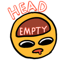 A yellow circular face with a dazed expression, drool, and a visible empty brain cavity with the text HEAD EMPTY above it.
