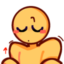 A yellow character with closed eyes and pink blush on their cheeks performing a subtle shrug gesture.
