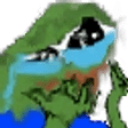 A distorted, pixelated face with large blue tears streaming down, appearing to melt into a puddle.