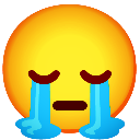 Yellow face with closed eyes and large blue tears streaming down its cheeks.
