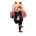 Power from Chainsaw Man dancing energetically in a pixel art style.