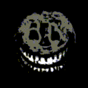 A distorted, dark face with a wide, toothy grin and hollow eyes.