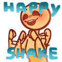 A stylized character shaking rapidly with the words HAPPY SHAKE written in blue block letters.