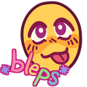 A yellow smiley face with a mischievous expression sticking its tongue out, with the word bleps written below it.